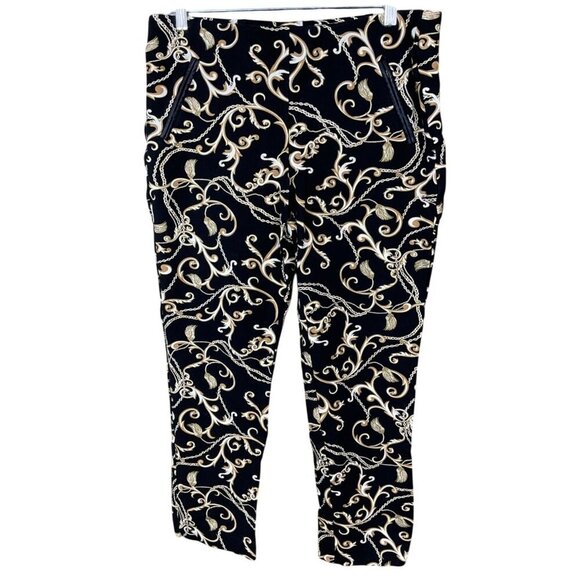 Chicos So-Slimming Juliet Baroque Scroll Black & Gold Print Ankle Pants Sz 10 - Picture 1 of 10